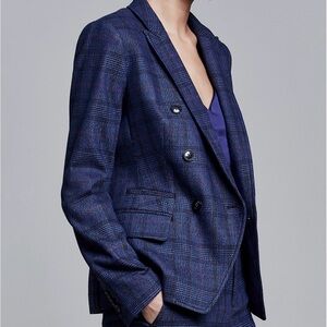 Banana Republic Navy Blue Plaid Double Breasted Blazer Jacket Notch Collar Women